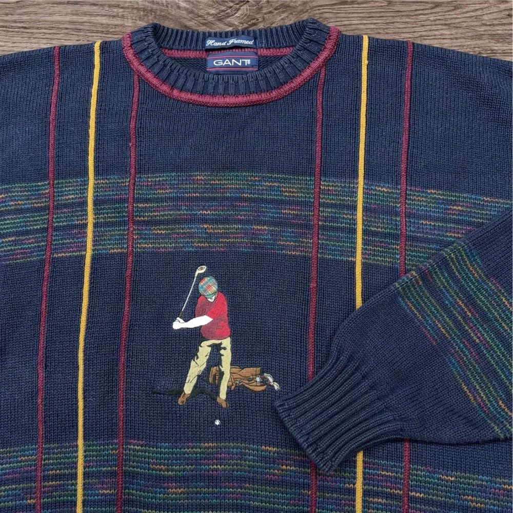 Vtg Gant Mens XL Navy Blue Cotton Golfer Embroidered Knit Sweater Hand Framed